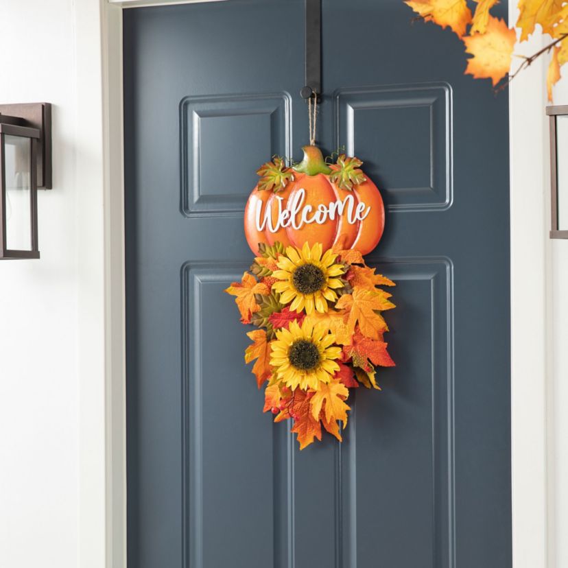 22.5"H Fall Metal Pumpkin & Sunflower Swag Wall Decor