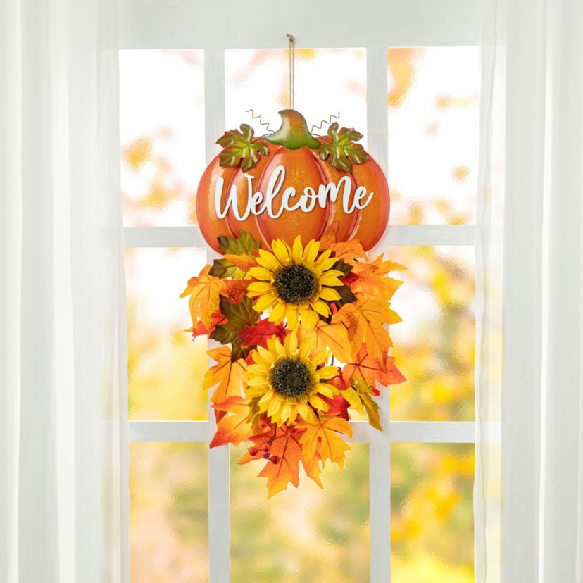 22.5"H Fall Metal Pumpkin & Sunflower Swag Wall Decor