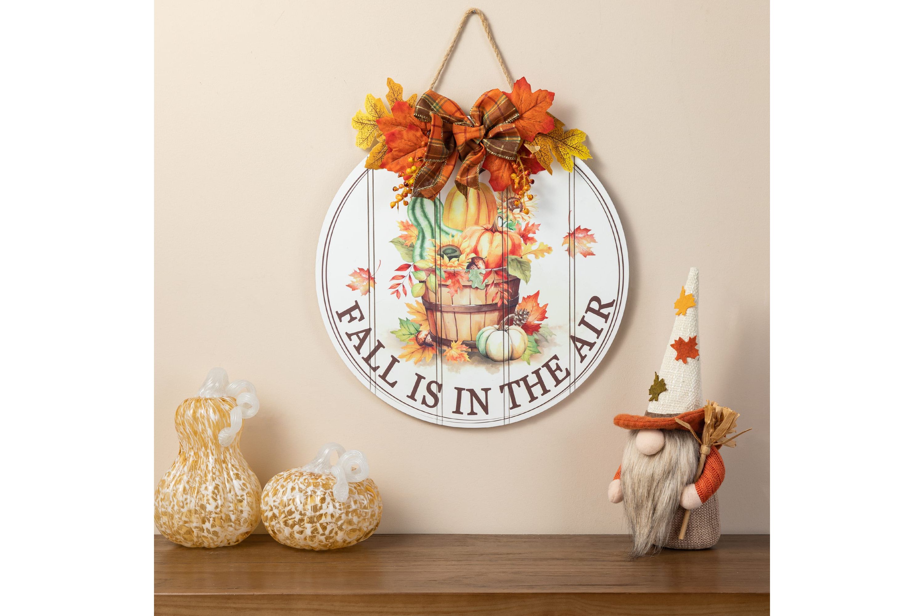 15"D Fall Wooden Round Word Sign Door Hanger