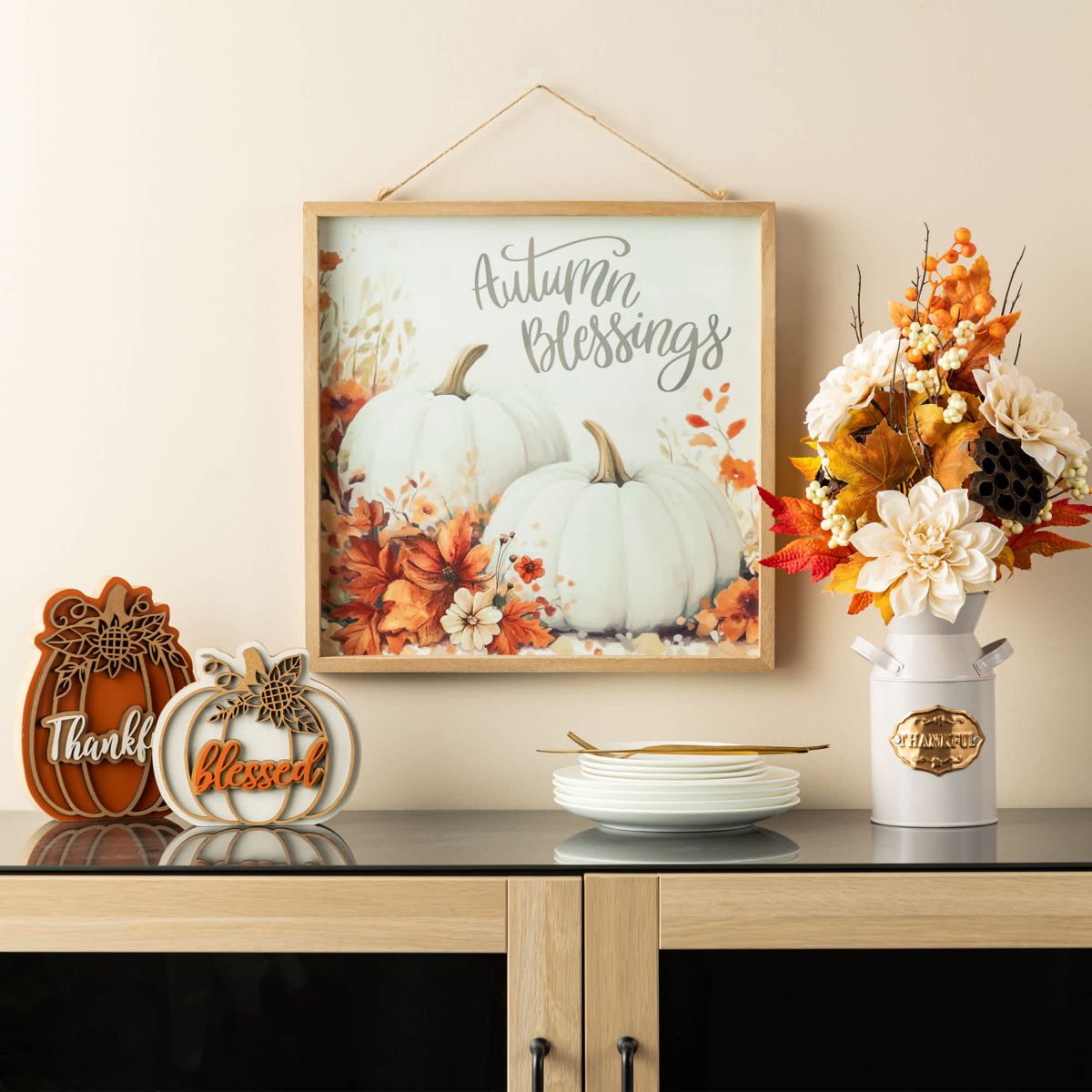 15.75"H Fall Wooden Ivory Pumpkin Wall Art