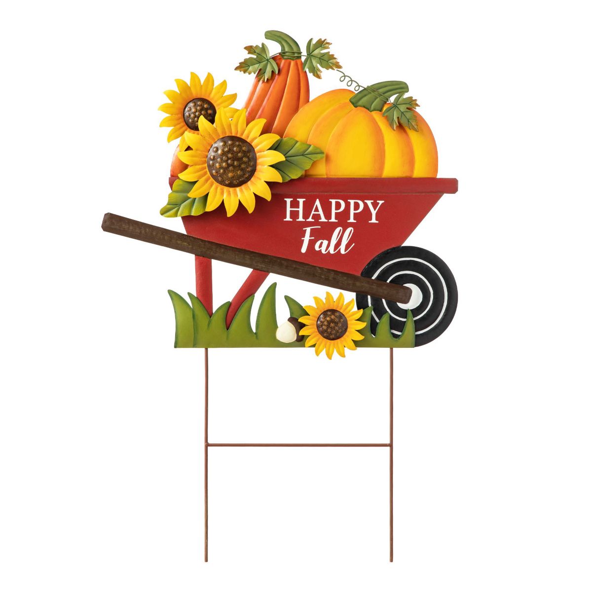 30"H Fall Metal Wheel Barrow Pumpkin Yard Stake (KD)