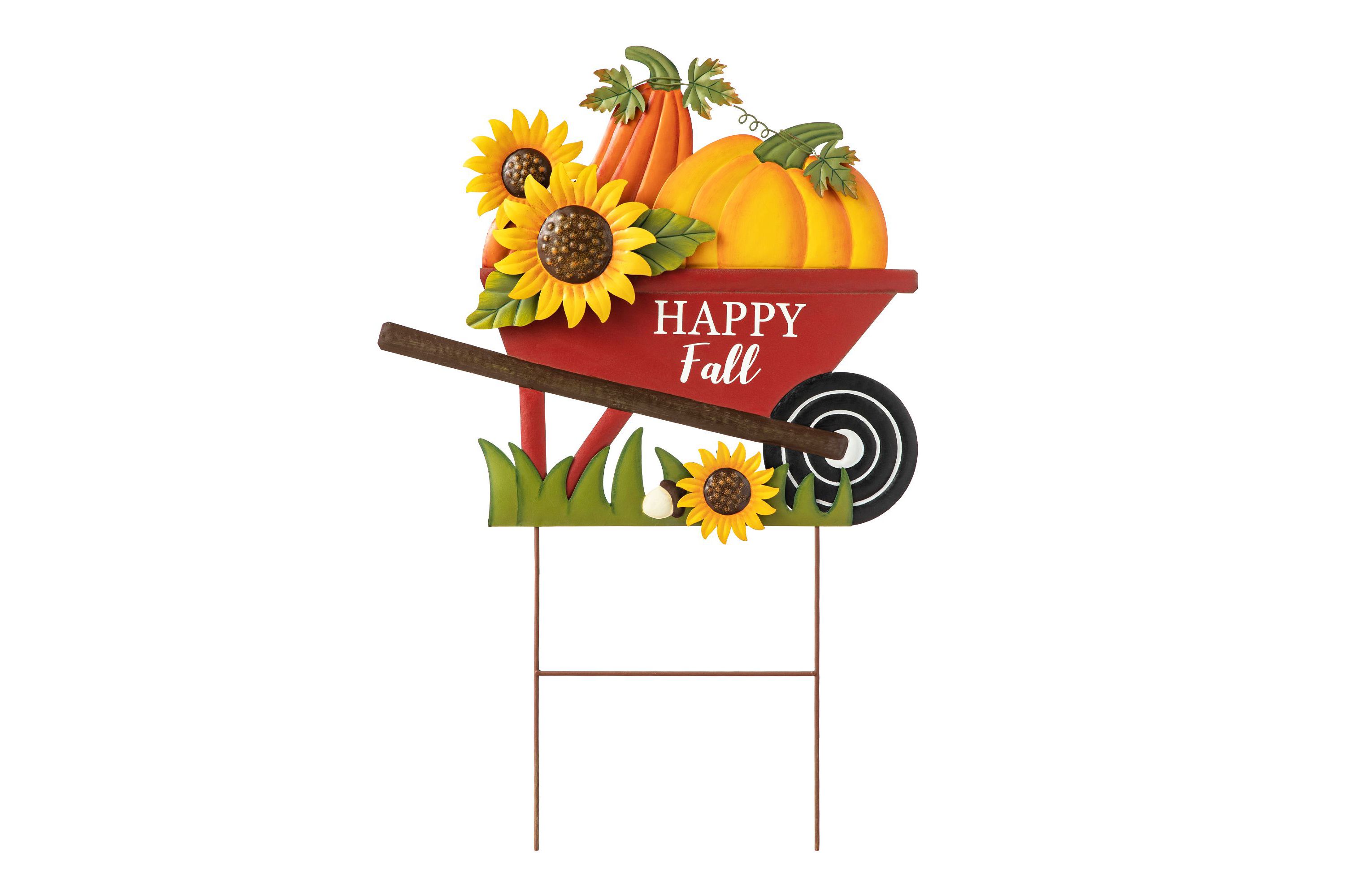 30"H Fall Metal Wheel Barrow Pumpkin Yard Stake (KD)