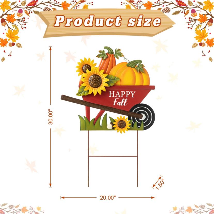 30"H Fall Metal Wheel Barrow Pumpkin Yard Stake (KD)