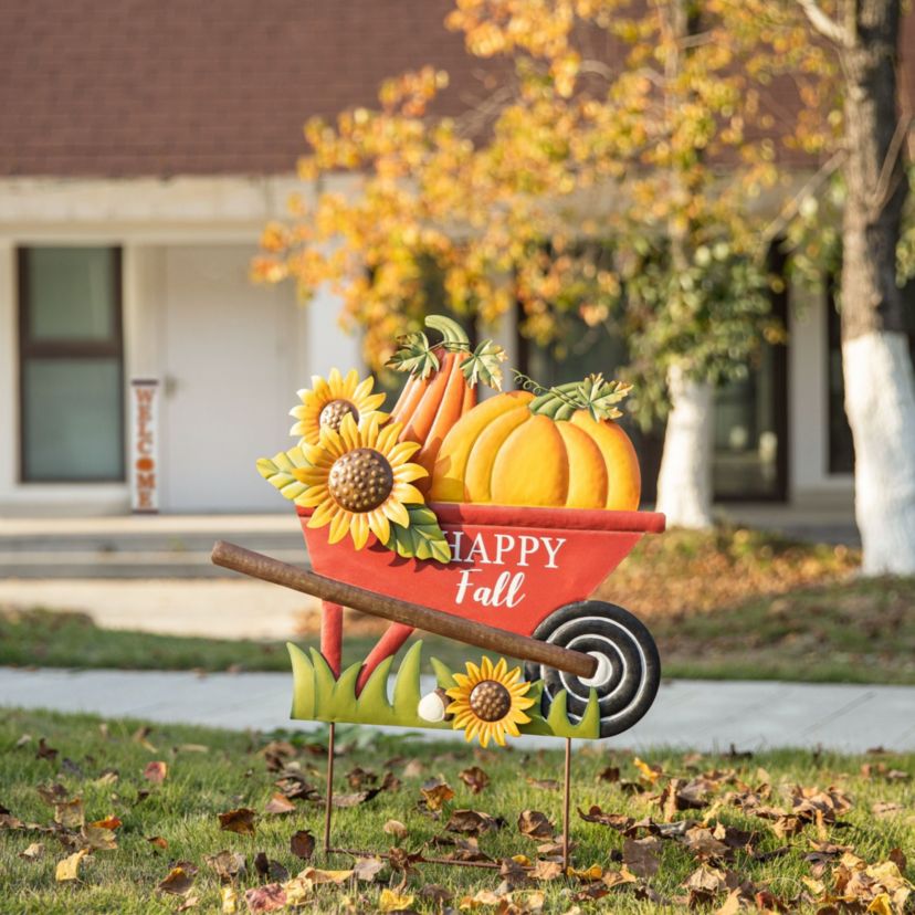30"H Fall Metal Wheel Barrow Pumpkin Yard Stake (KD)