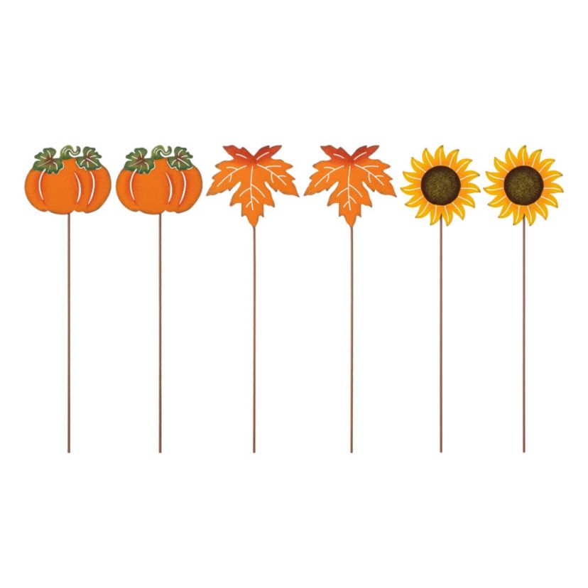 18"H Set of 6 Fall Metal Pumpkin, Leave & Sunflower Yard Stake