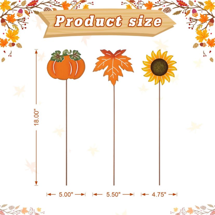 18"H Set of 6 Fall Metal Pumpkin, Leave & Sunflower Yard Stake