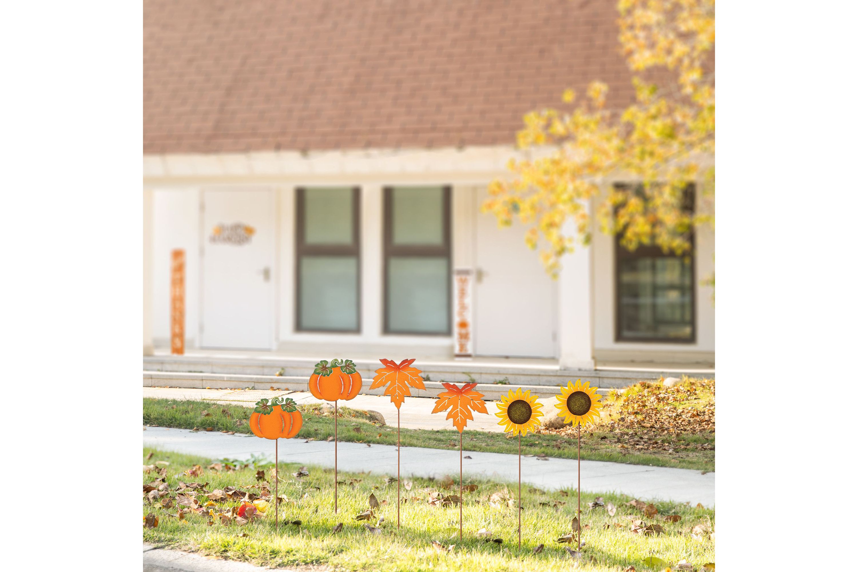 18"H Set of 6 Fall Metal Pumpkin, Leave & Sunflower Yard Stake