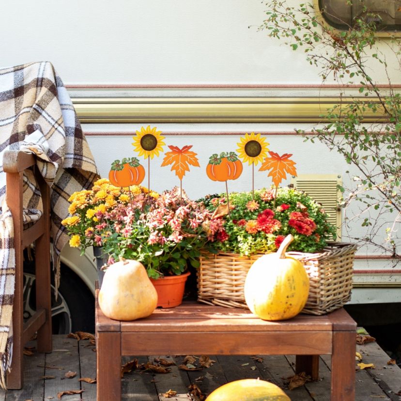 18"H Set of 6 Fall Metal Pumpkin, Leave & Sunflower Yard Stake