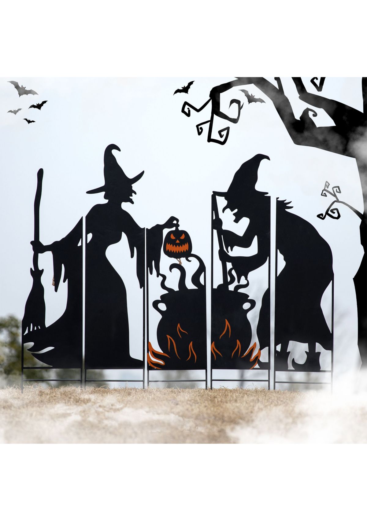 Set of 5 Halloween Metal Silhouette Witches and Cauldron Yardstake