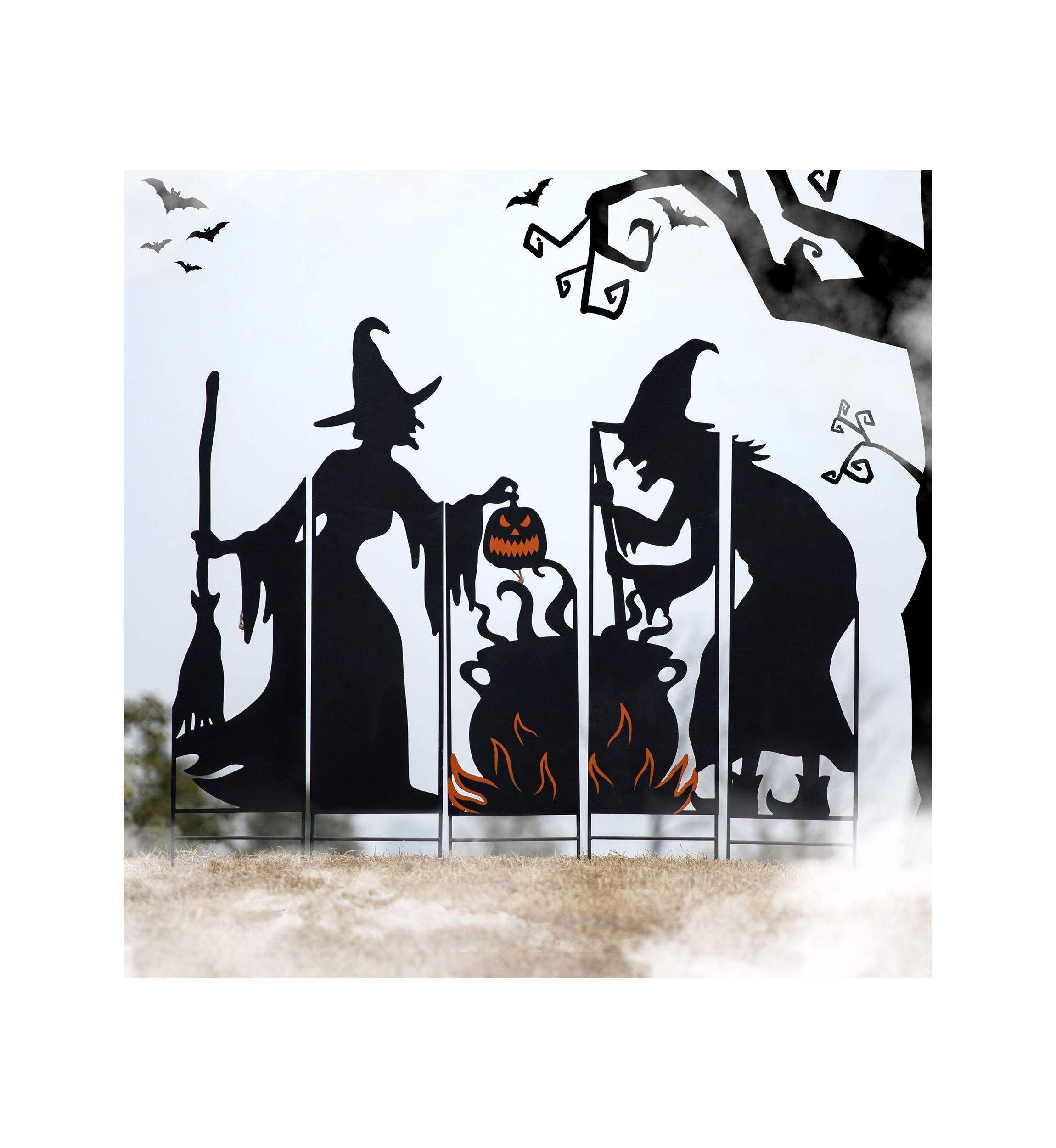 Set of 5 Halloween Metal Silhouette Witches and Cauldron Yardstake