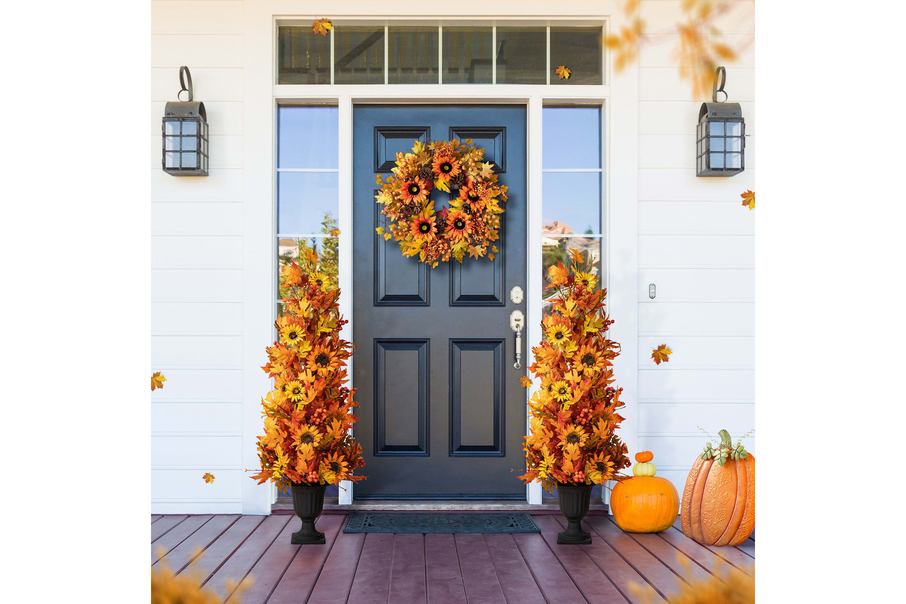 48"H Fall Lighted Maple Leaf and Sunflower Urn Porch Tree with Timer