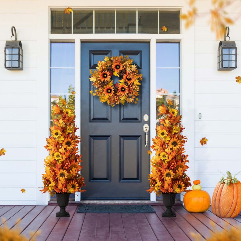 48"H Fall Lighted Maple Leaf and Sunflower Urn Porch Tree with Timer