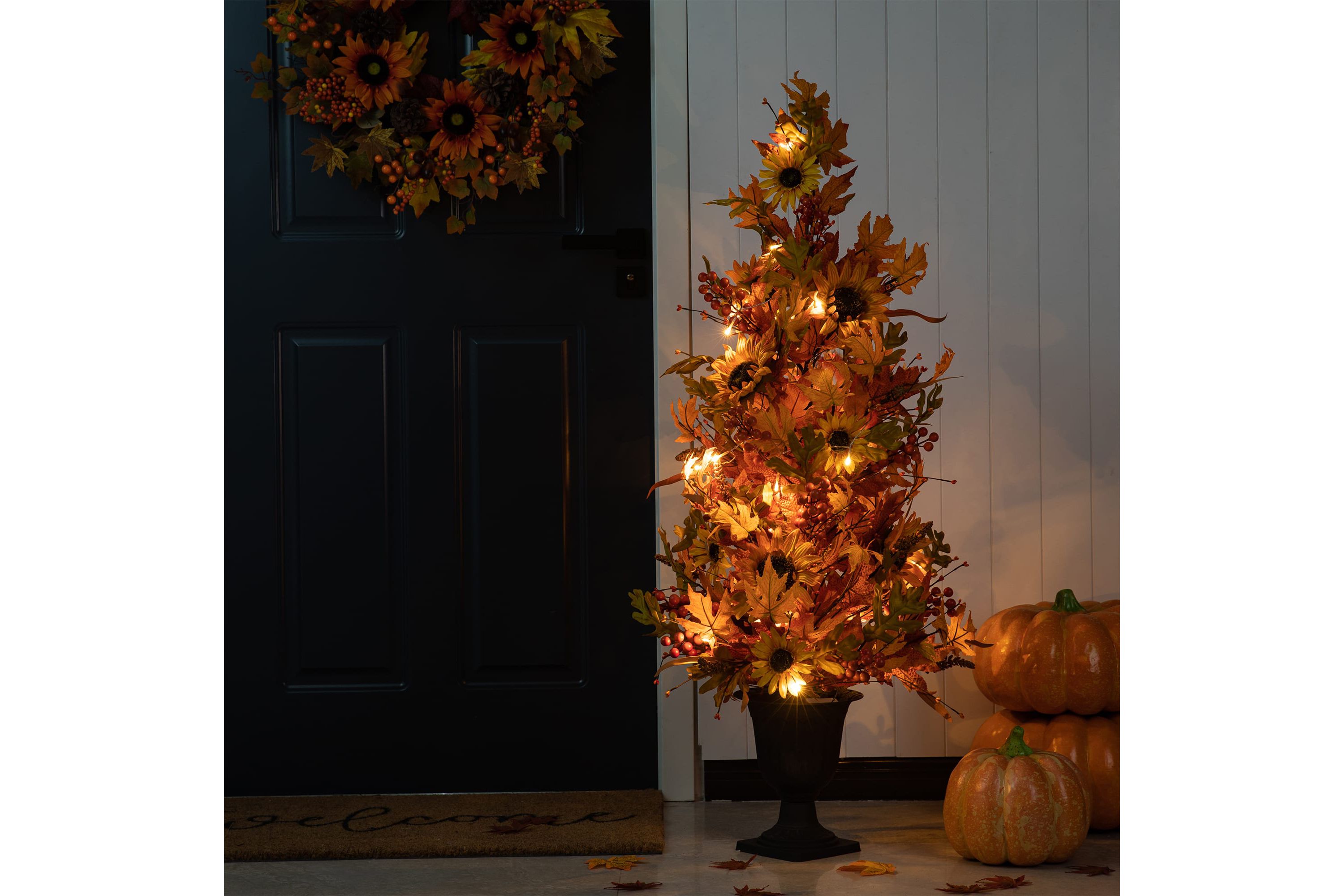 48"H Fall Lighted Maple Leaf and Sunflower Urn Porch Tree with Timer