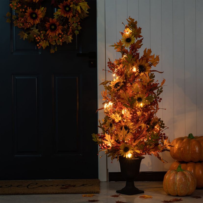 48"H Fall Lighted Maple Leaf and Sunflower Urn Porch Tree with Timer