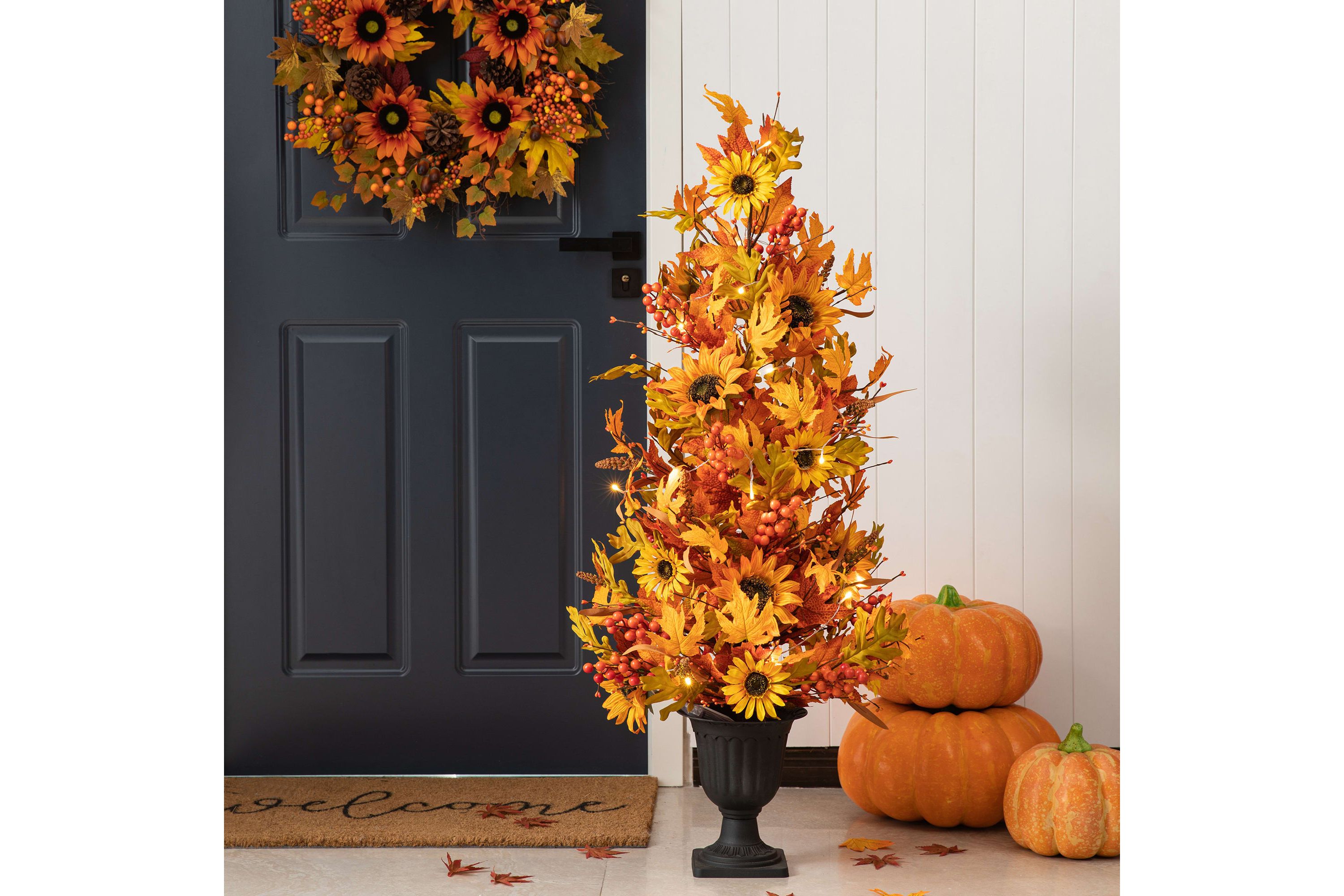 48"H Fall Lighted Maple Leaf and Sunflower Urn Porch Tree with Timer