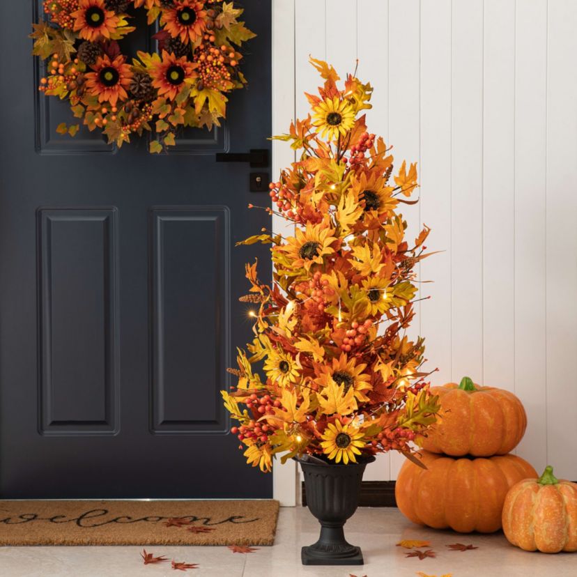 48"H Fall Lighted Maple Leaf and Sunflower Urn Porch Tree with Timer