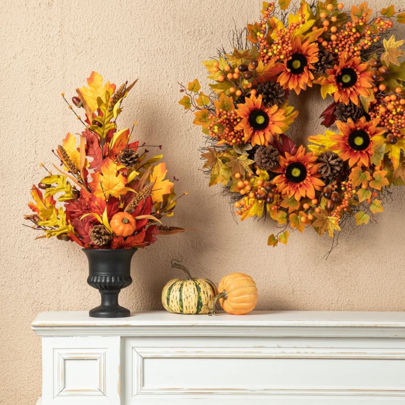 24"H Fall Maple Leaf Urn Table Tree