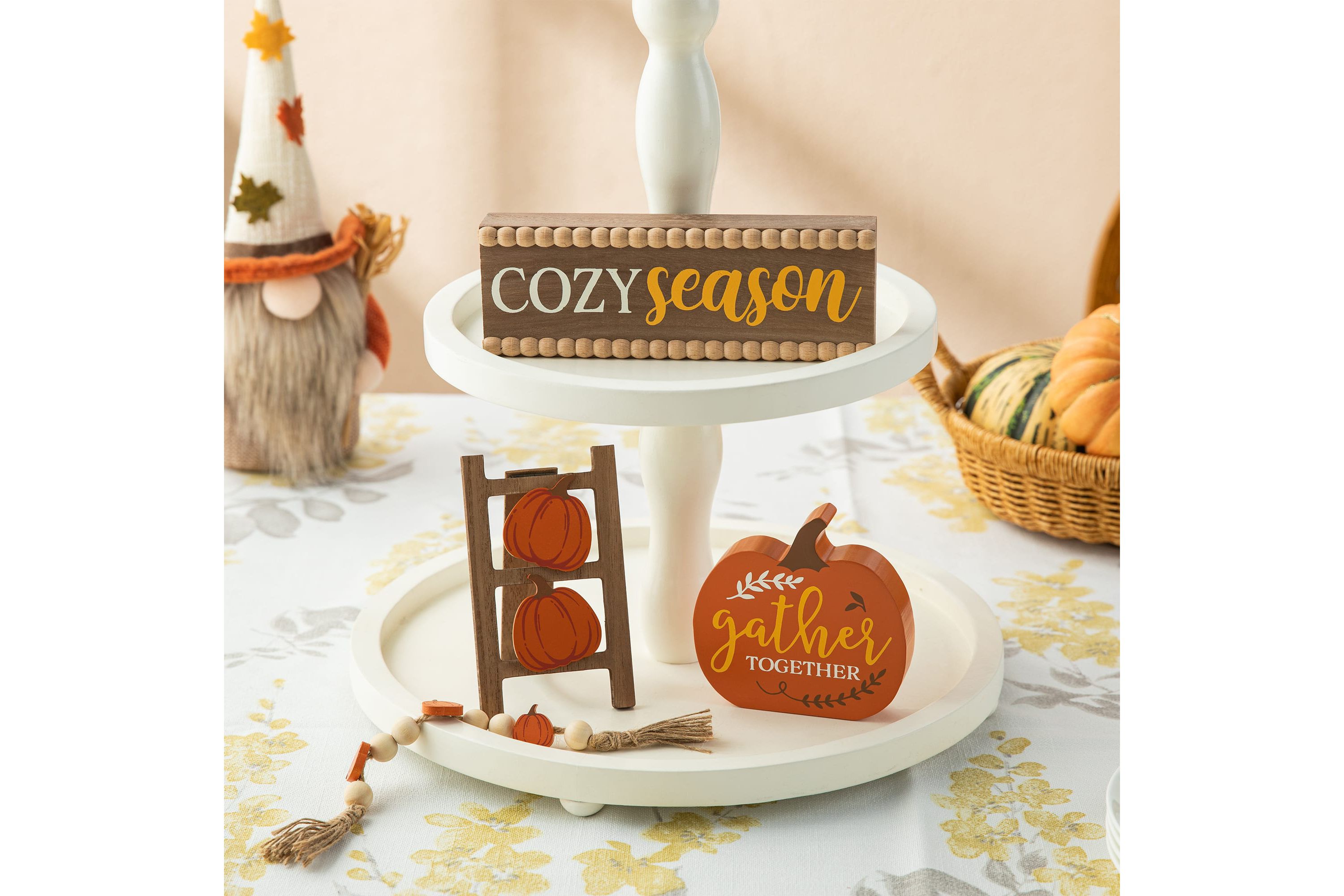 10.75"L Set of 4 Fall Wooden  Word Signs Tiered Tray Table Décor