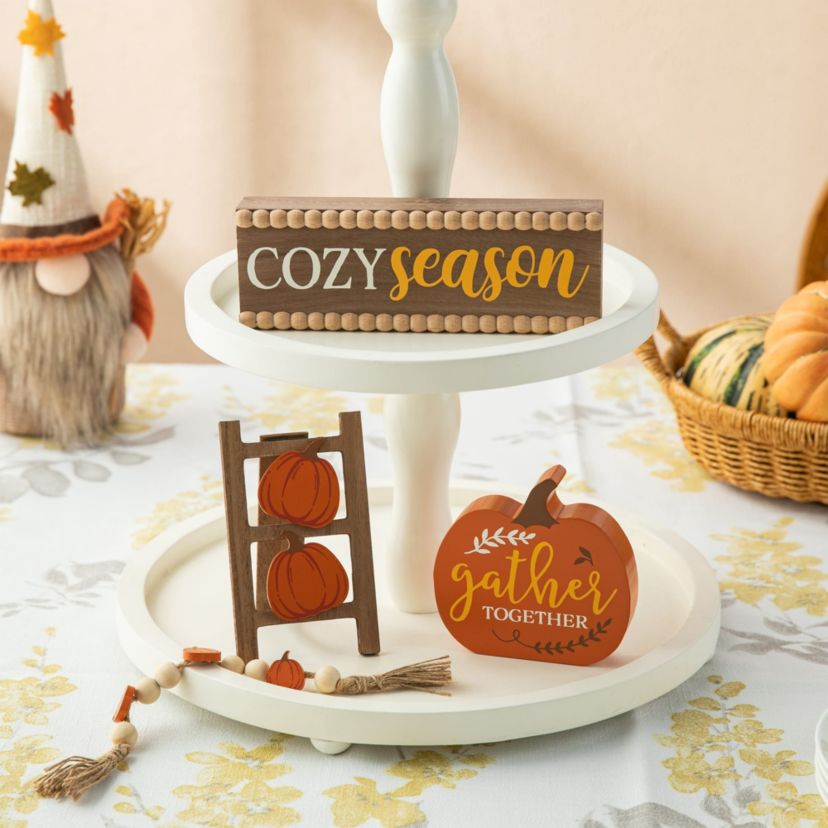 10.75"L Set of 4 Fall Wooden  Word Signs Tiered Tray Table Décor