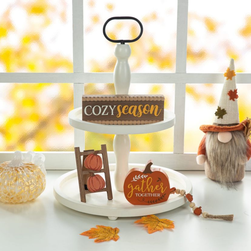10.75"L Set of 4 Fall Wooden  Word Signs Tiered Tray Table Décor