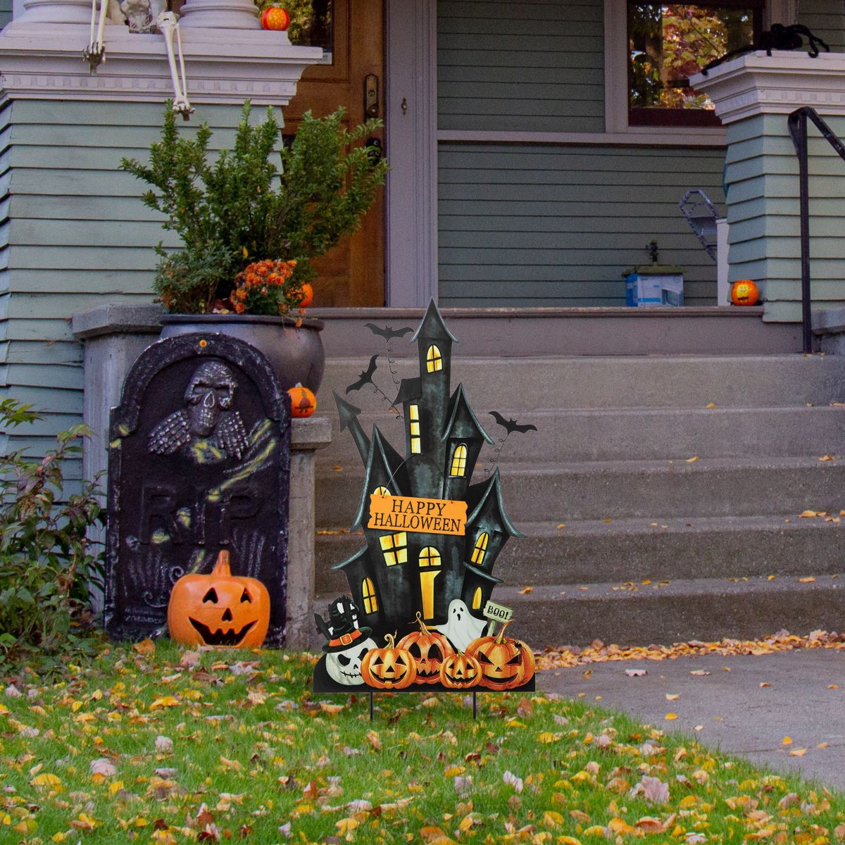 32"H Halloween Metal Haunted House Yard Stake(KD, Two function)