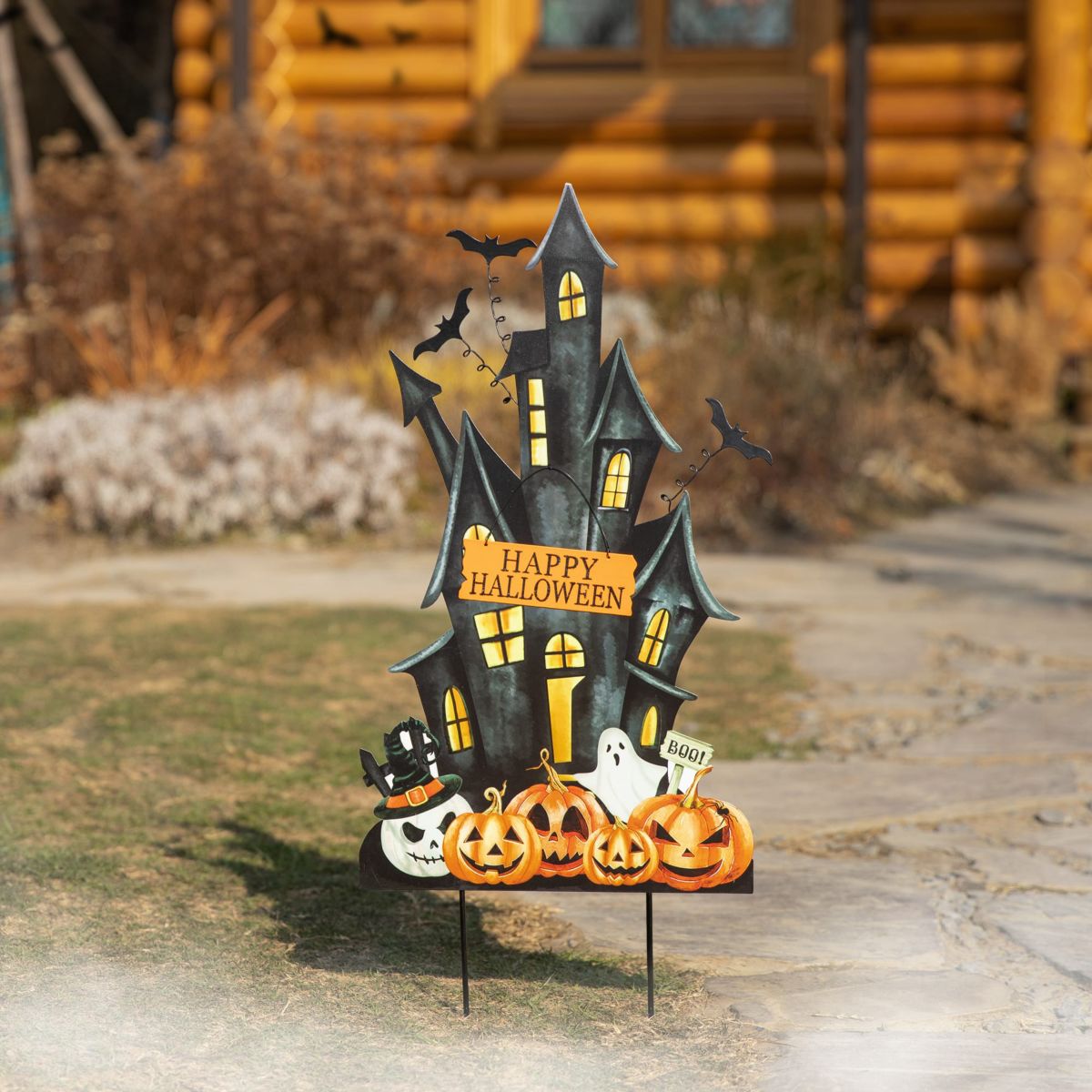 32"H Halloween Metal Haunted House Yard Stake(KD, Two function)