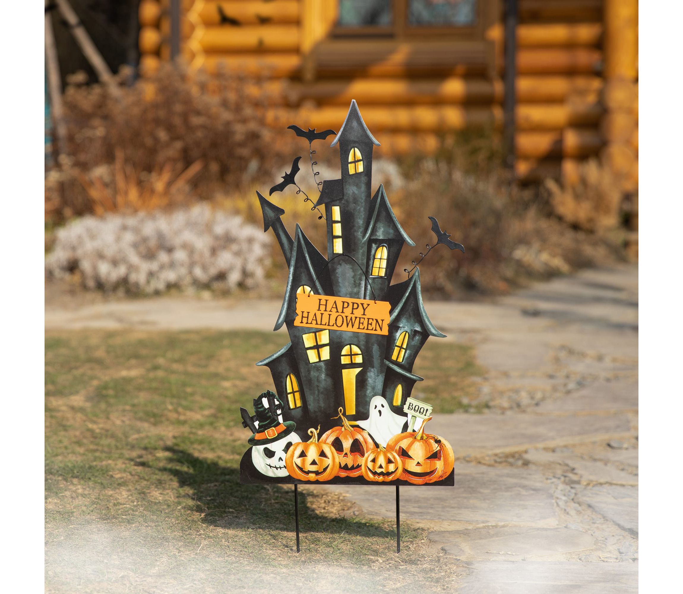 32"H Halloween Metal Haunted House Yard Stake(KD, Two function)