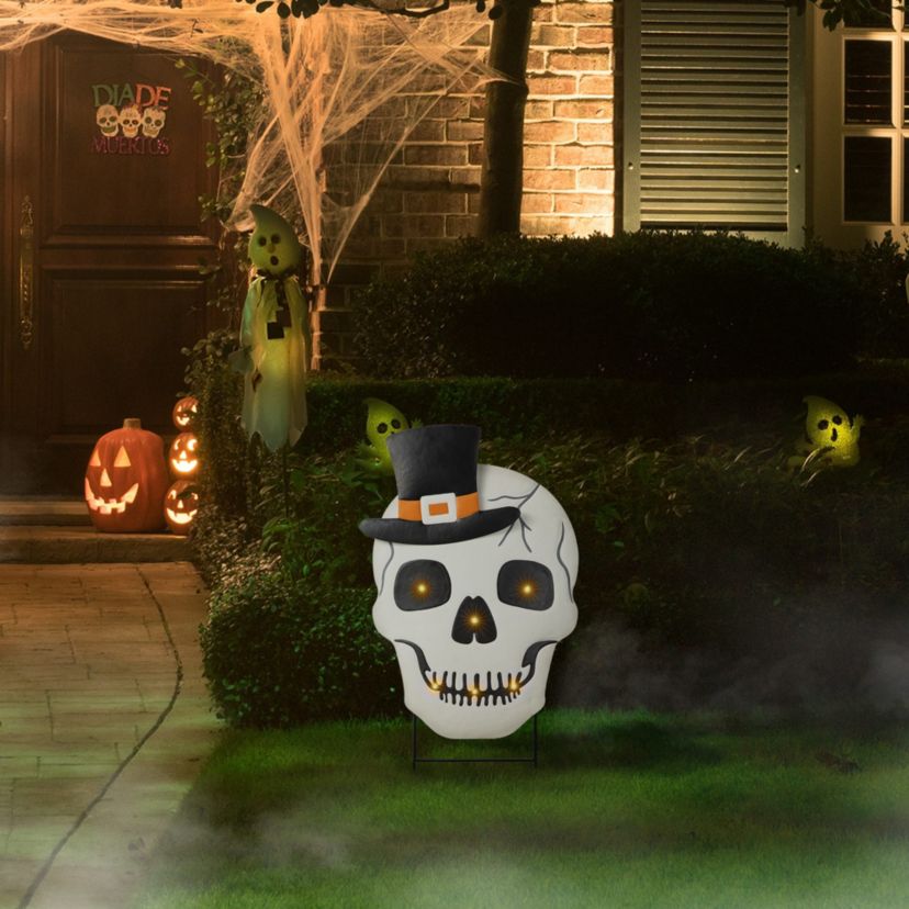 38"H Lighted Halloween Metal Skull Yard Stake with Timer( KD,Two function)