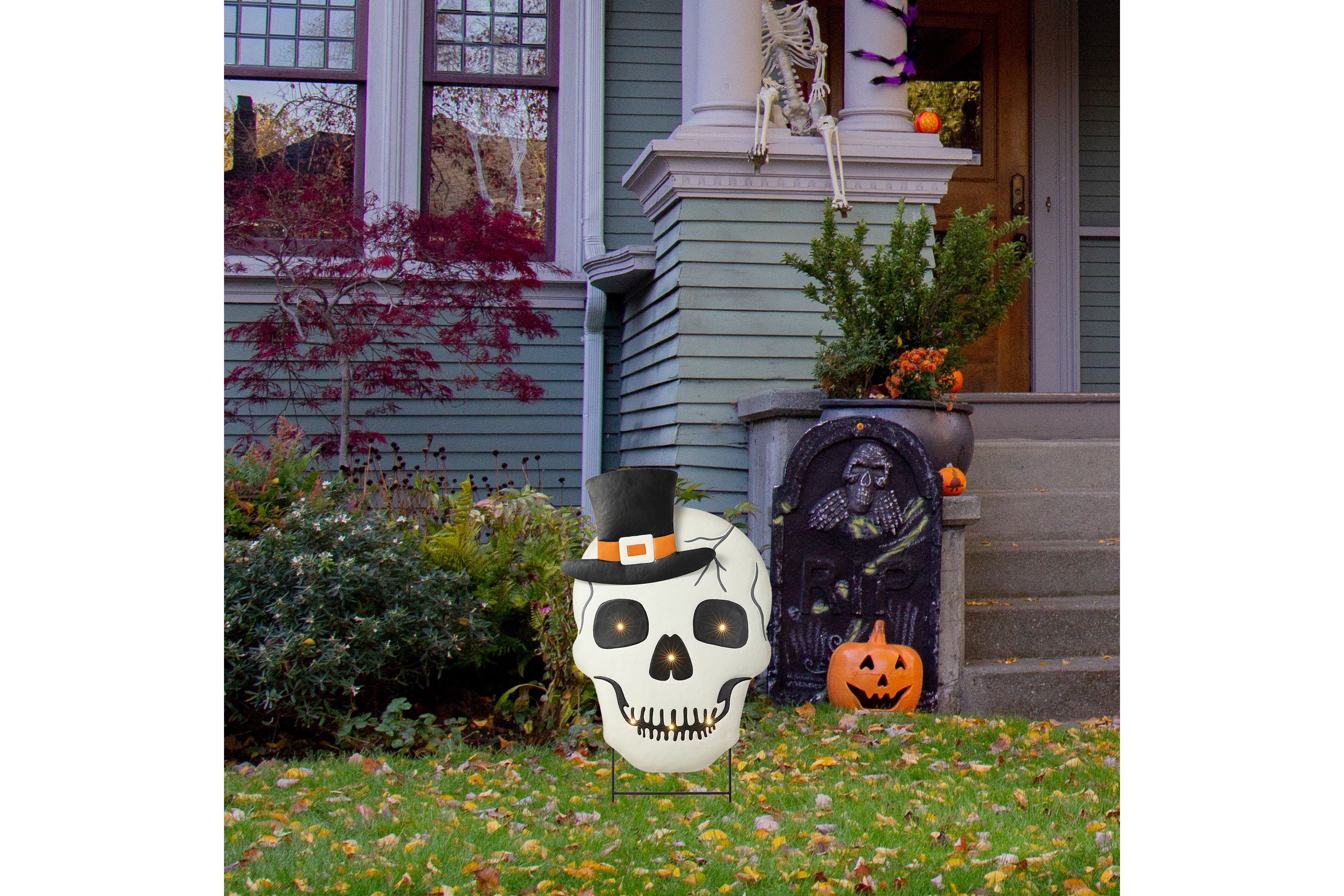 38"H Lighted Halloween Metal Skull Yard Stake with Timer( KD,Two function)