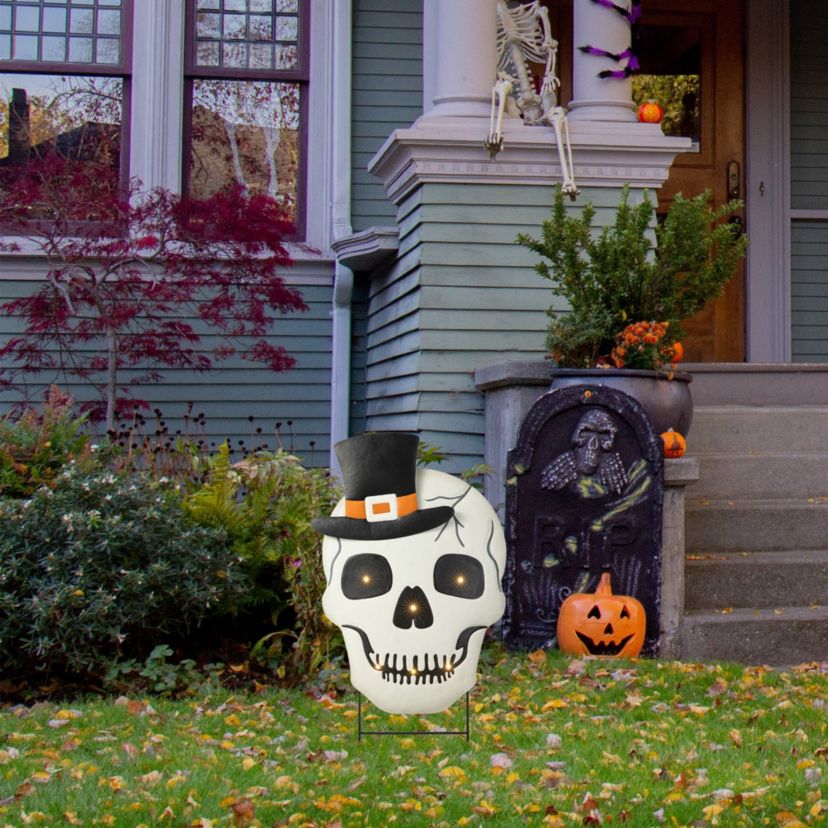 38"H Lighted Halloween Metal Skull Yard Stake with Timer( KD,Two function)