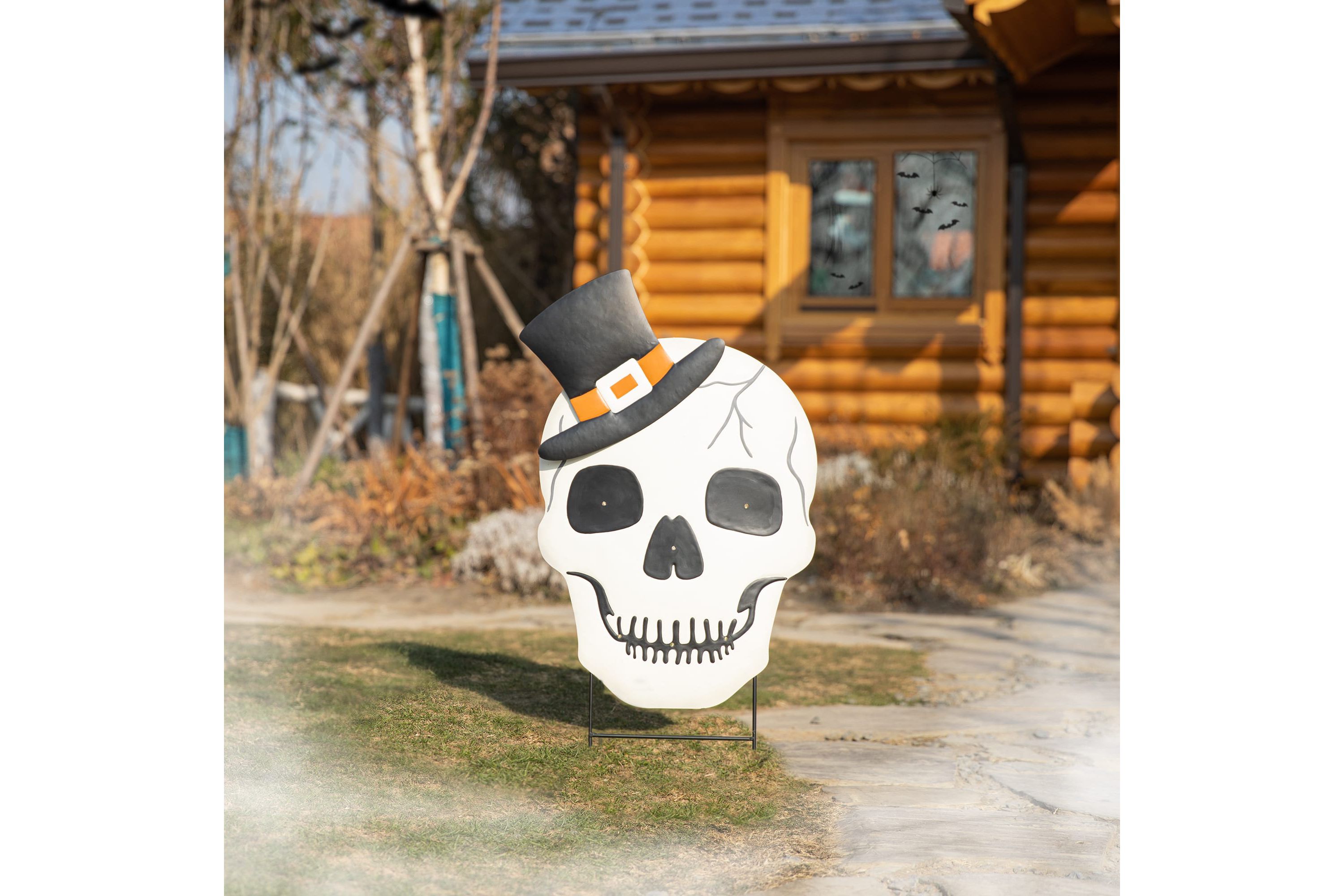 38"H Lighted Halloween Metal Skull Yard Stake with Timer( KD,Two function)
