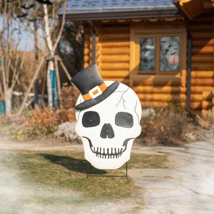 38"H Lighted Halloween Metal Skull Yard Stake with Timer( KD,Two function)
