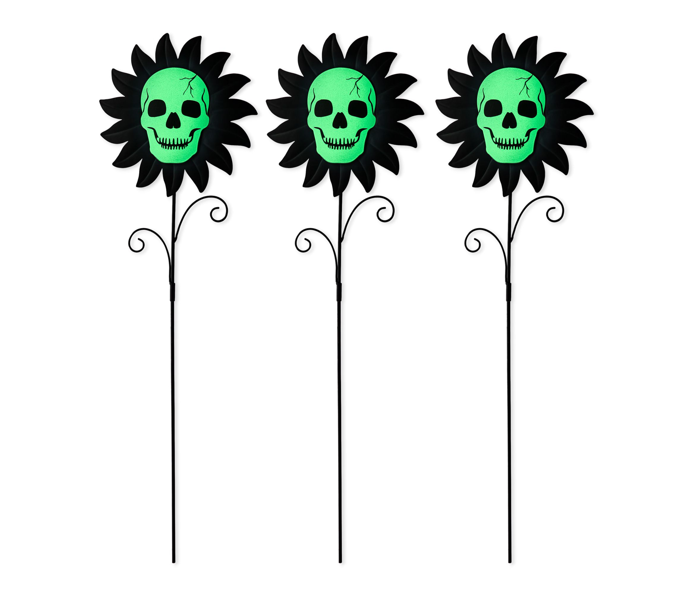 24"H Set of 3 Halloween Metal Sunflower Skulls Glow-in-Dark Yard Stake  (KD)
