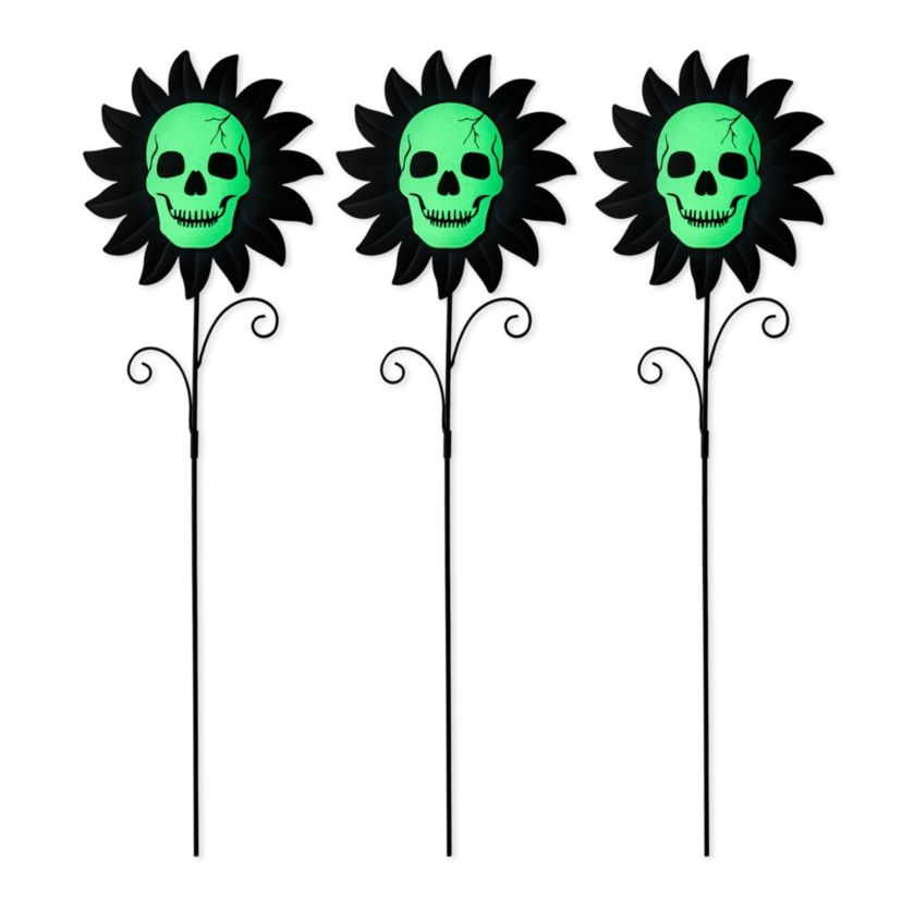 24"H Set of 3 Halloween Metal Sunflower Skulls Glow-in-Dark Yard Stake  (KD)