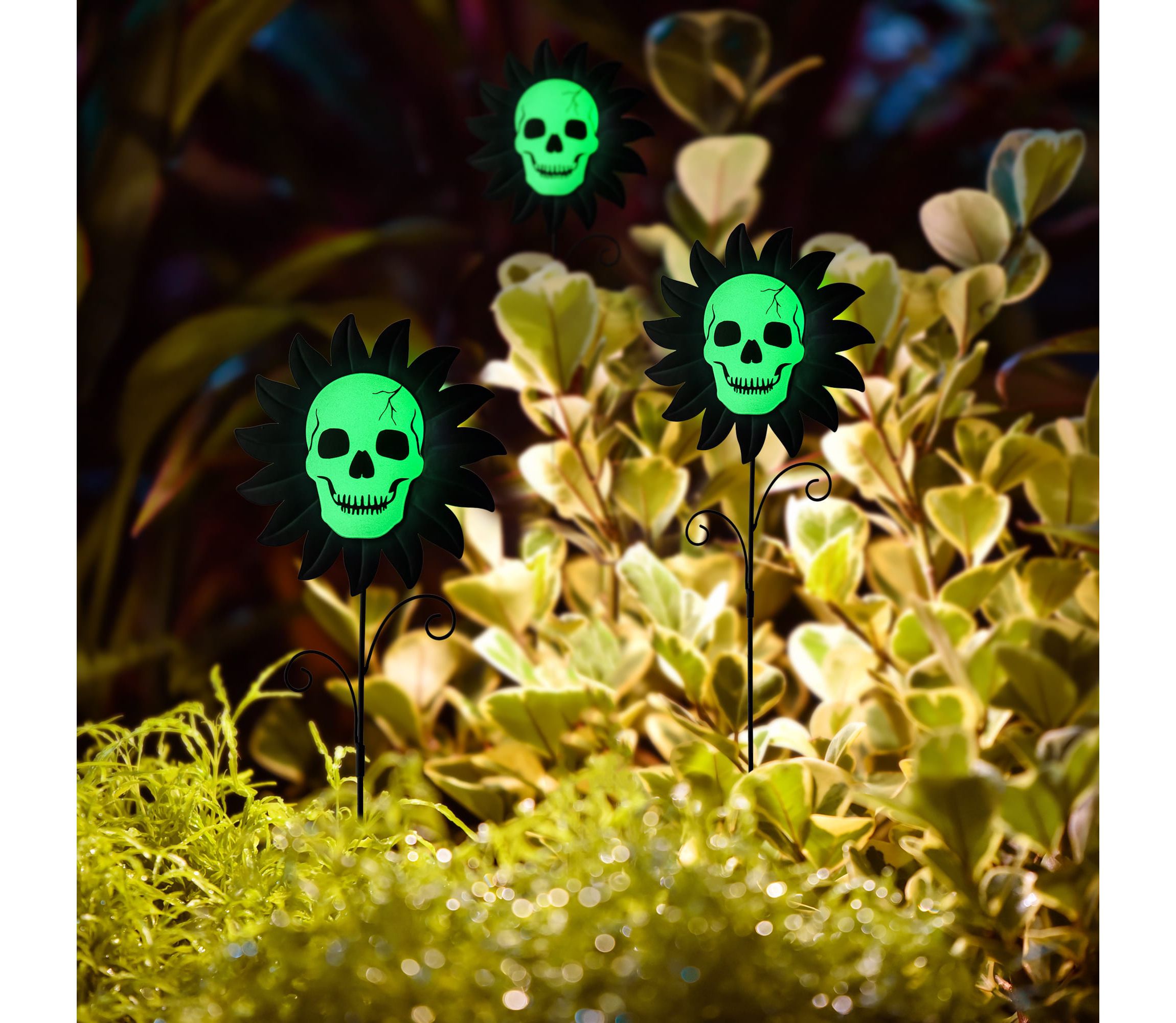 24"H Set of 3 Halloween Metal Sunflower Skulls Glow-in-Dark Yard Stake  (KD)