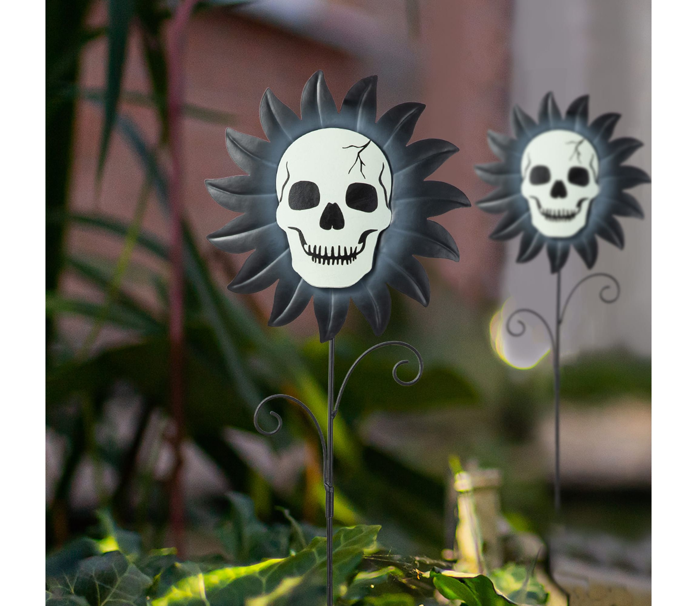 24"H Set of 3 Halloween Metal Sunflower Skulls Glow-in-Dark Yard Stake  (KD)