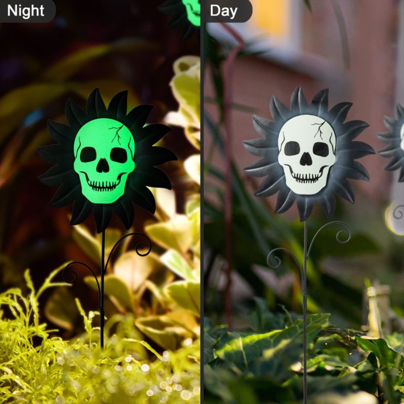 24"H Set of 3 Halloween Metal Sunflower Skulls Glow-in-Dark Yard Stake  (KD)