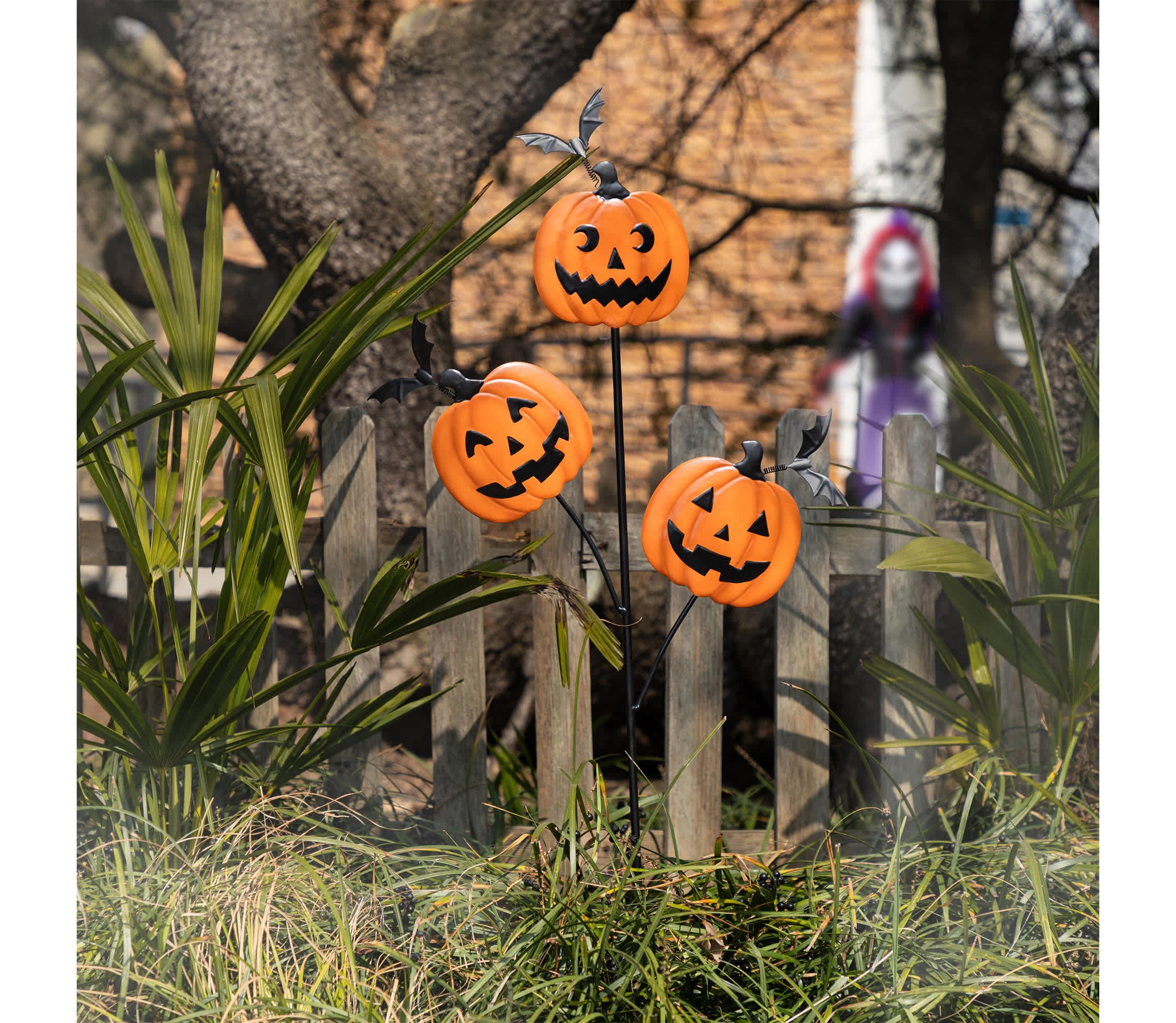 39.50"H Halloween Metal Pumpkins w/Spring Bats Yard Stake (KD)