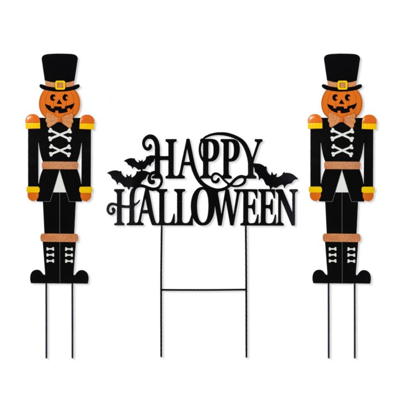 32"H S/3 Halloween Metal Nutcracker and HAPPY HALLOWEEN Yard Stake (KD)