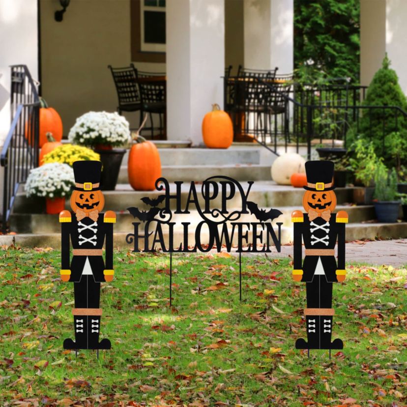 32"H S/3 Halloween Metal Nutcracker and HAPPY HALLOWEEN Yard Stake (KD)