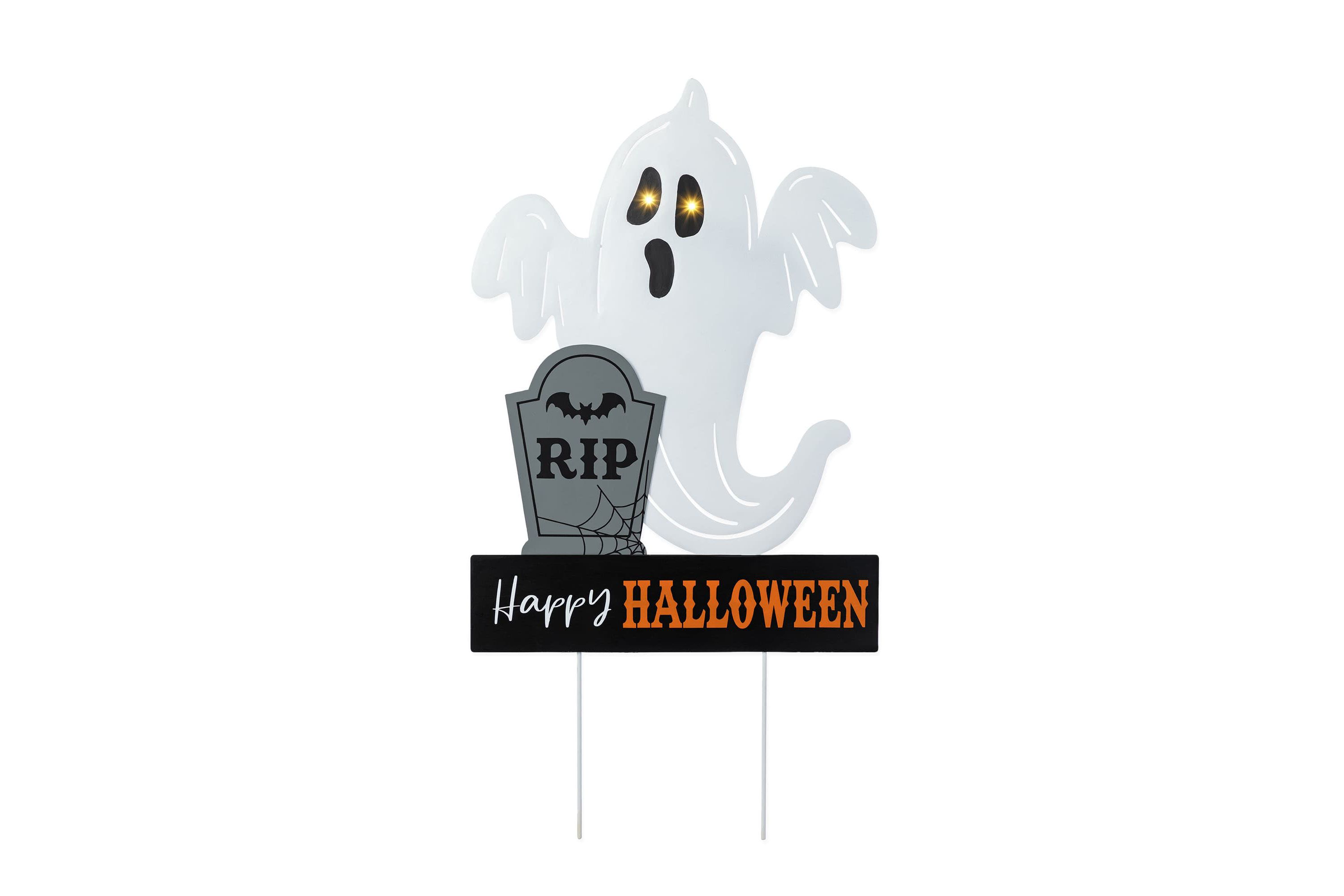32.25"H Lighted Halloween Metal Ghost Tombstone Yard Stake