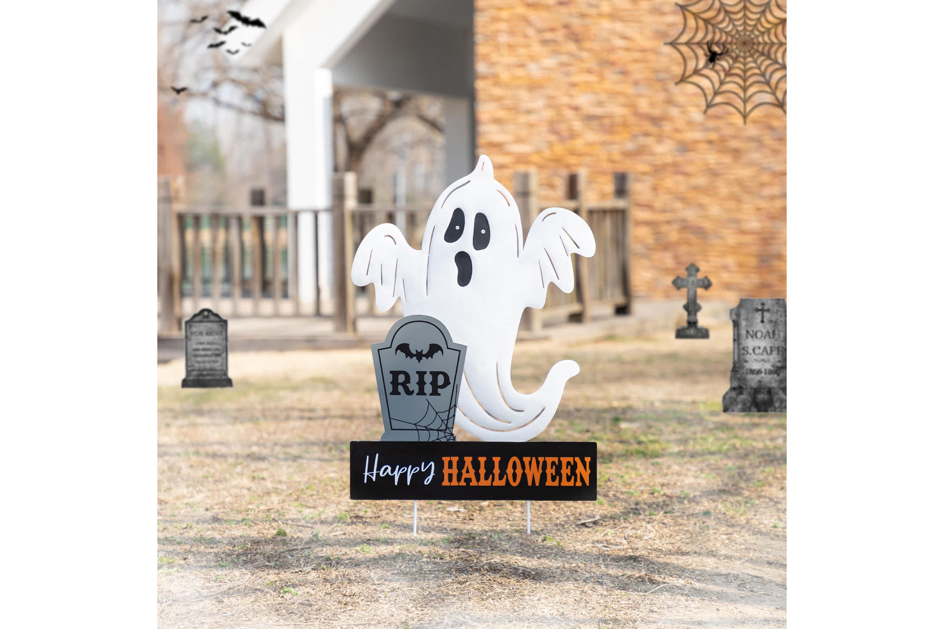 32.25"H Lighted Halloween Metal Ghost Tombstone Yard Stake