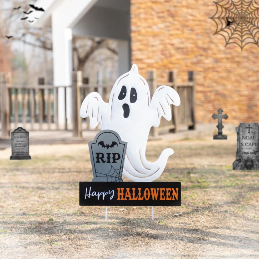 32.25"H Lighted Halloween Metal Ghost Tombstone Yard Stake