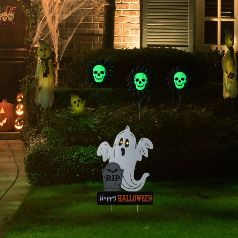 32.25"H Lighted Halloween Metal Ghost Tombstone Yard Stake