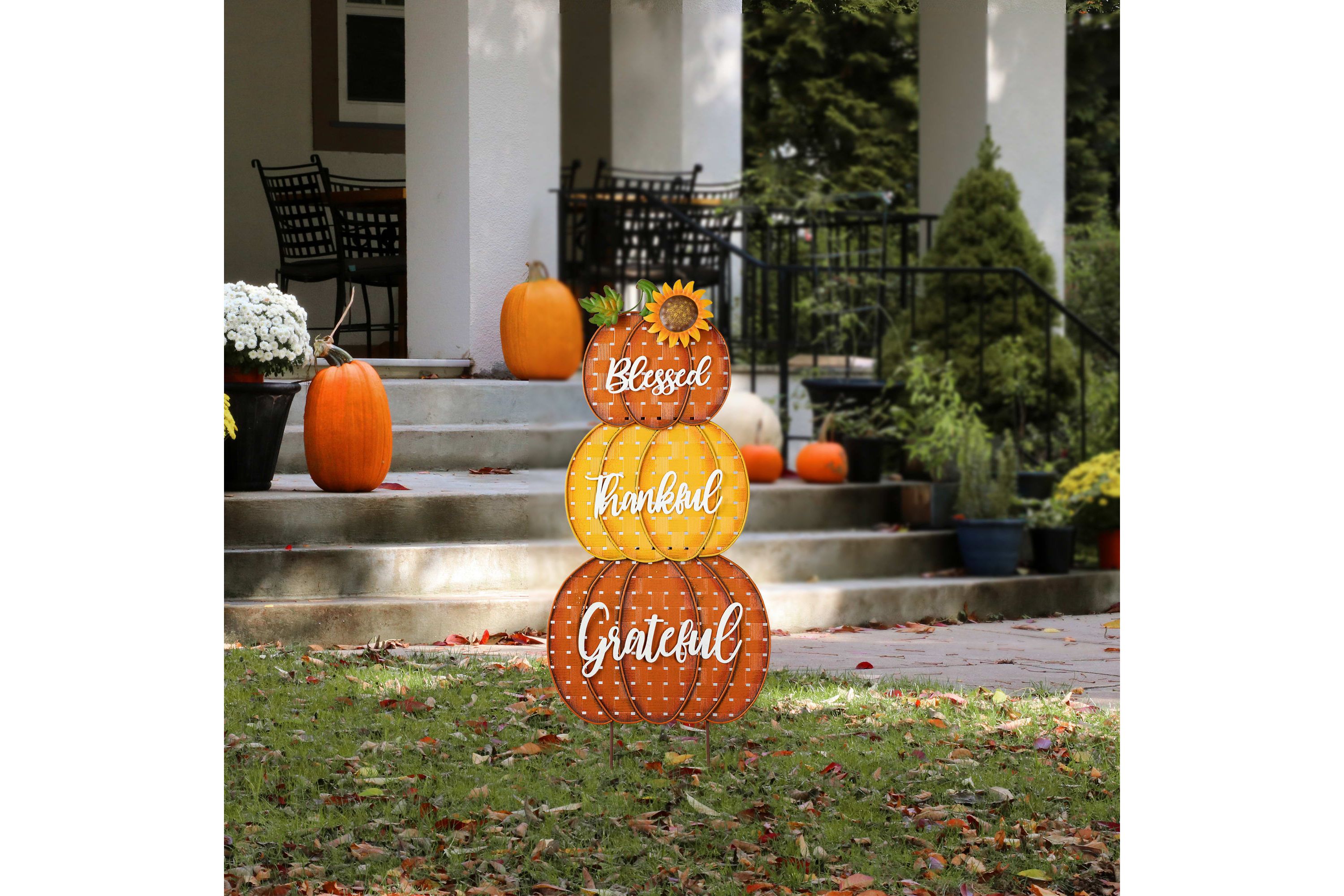 35.5"H Thanksgiving Metal Stacked Pumpkins Yard Stake(KD, Two function)