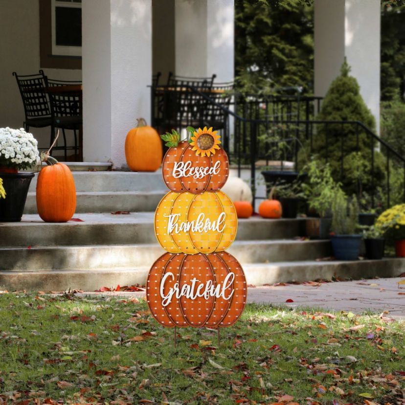 35.5"H Thanksgiving Metal Stacked Pumpkins Yard Stake(KD, Two function)