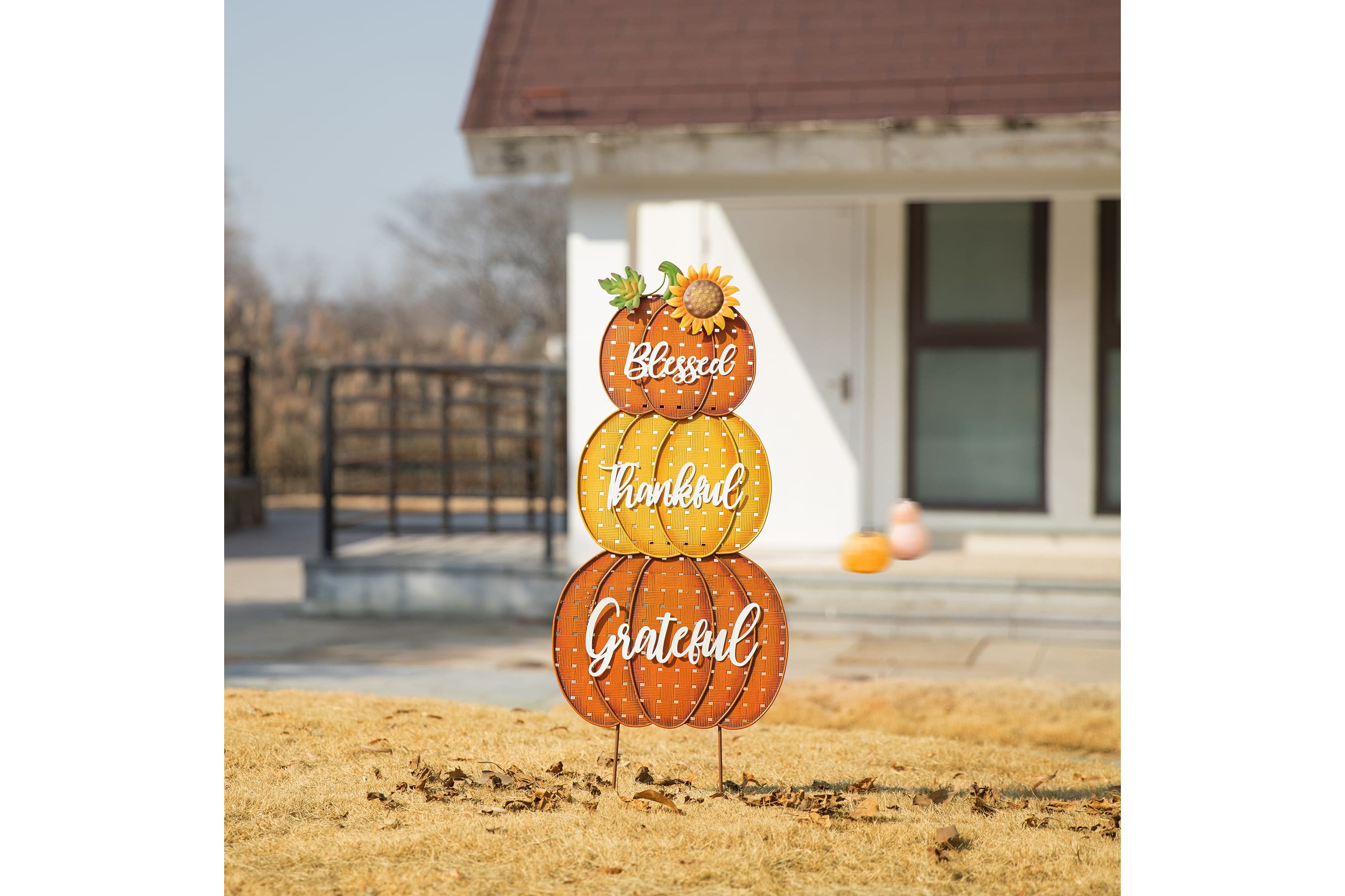 35.5"H Thanksgiving Metal Stacked Pumpkins Yard Stake(KD, Two function)