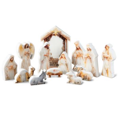 Glitzhome 13pcs Christmas Wooden & Epoxy Resin Nativity Figurine Set, White