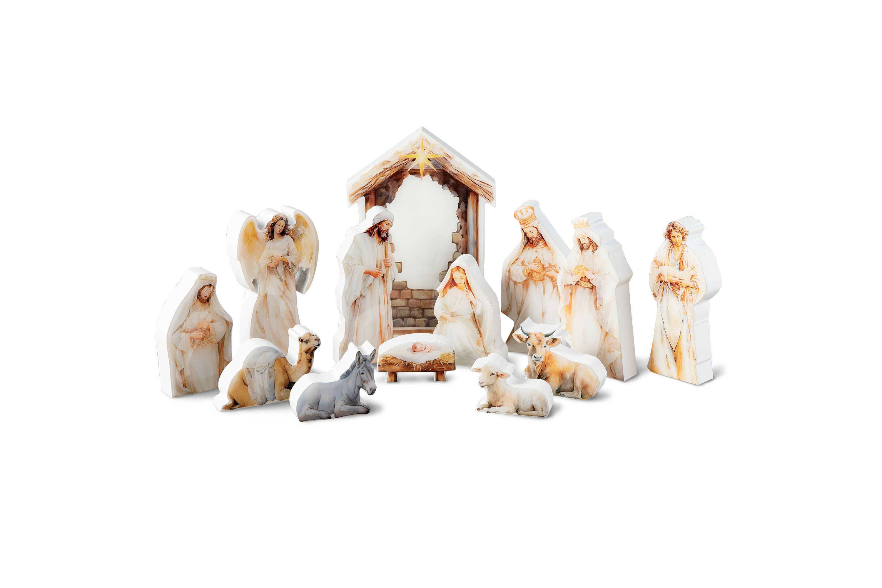 13pcs Christmas Wooden & Epoxy Resin Nativity Figurine Set