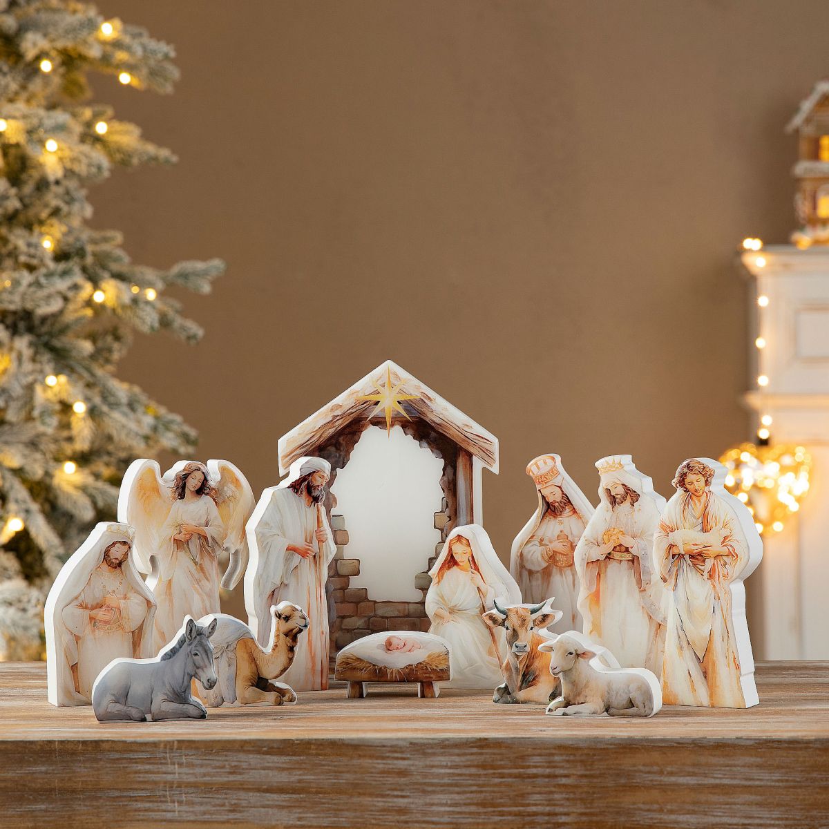 13pcs Christmas Wooden & Epoxy Resin Nativity Figurine Set
